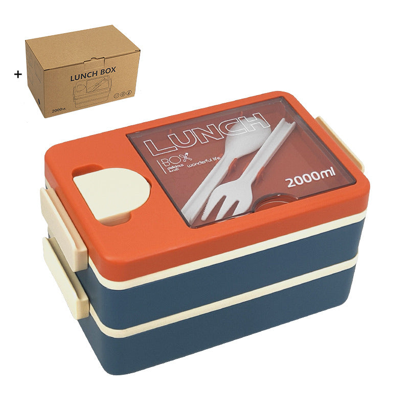 2L Double-Layer Bento Lunch Box - Leak-Proof with Utensil & Sauce Container Orange Blue