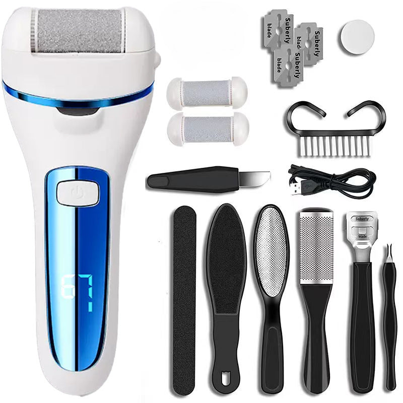 Rechargeable Electric Foot File with LCD Display - 3 Grit Heads & Waterproof Design blue
