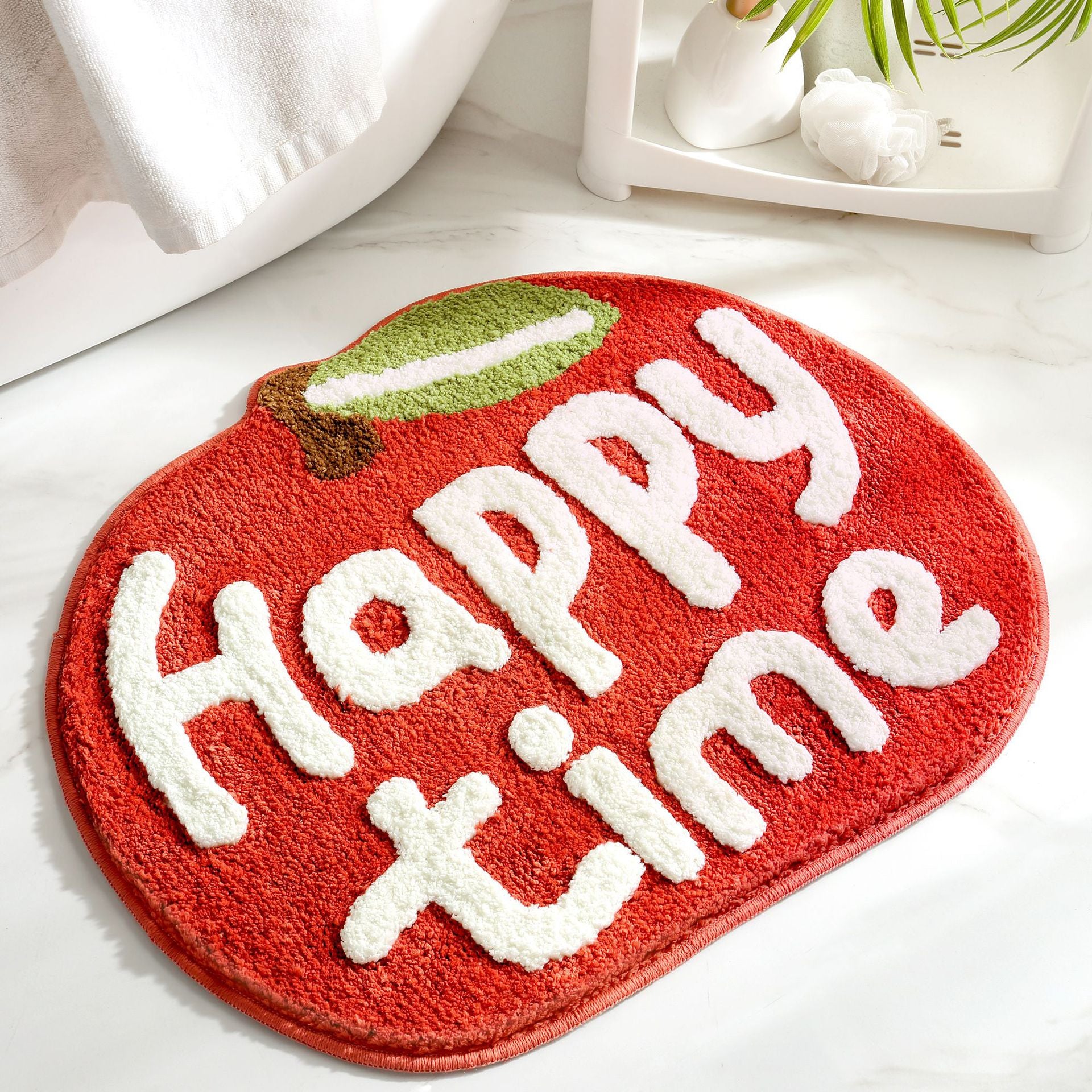 Super Absorbent Microfiber Bath Mat - Non-Slip TPR Backing, Machine Washable, Fun Fruit Designs Red apple 50*60cm