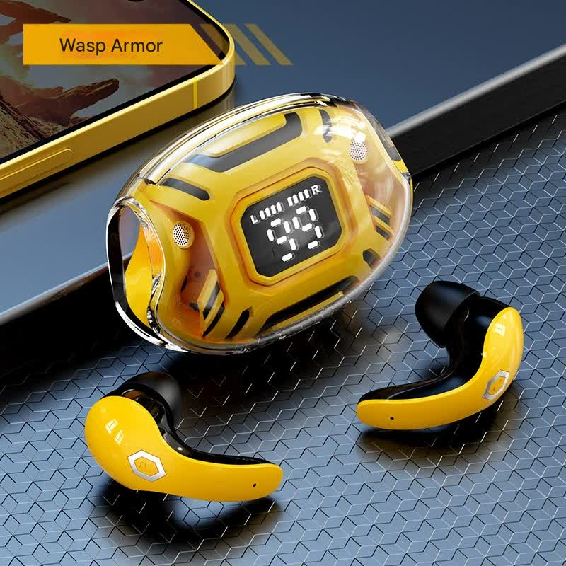 Mecha Style TWS Gaming Earbuds - Bluetooth 5.3, Low Latency, Ear-Hook Design, LED Display Case, Noise Cancelling yellow