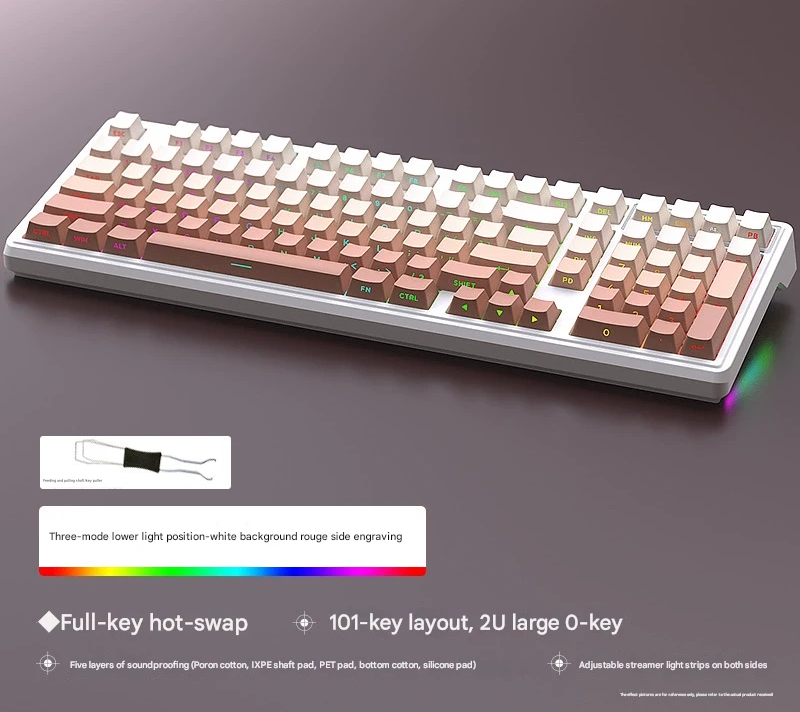 Tri-Mode RGB Mechanical Gaming Keyboard - 102-Key, Hot-Swappable, 4000mAh Battery, 5-Layer Sound Dampening Rouge on white