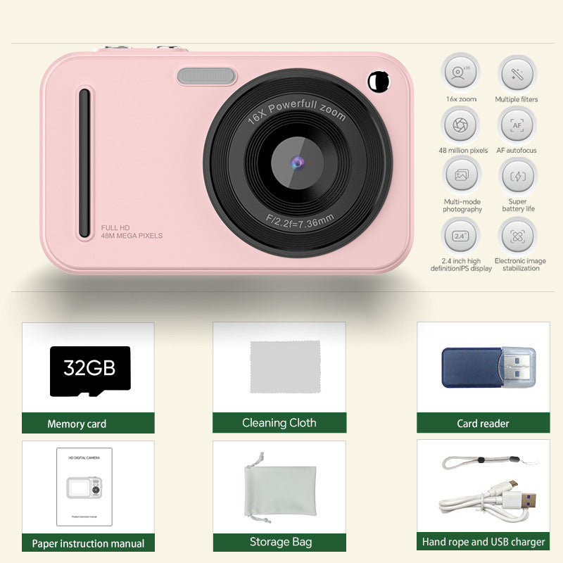 48MP Digital Camera with 16x Zoom & AF Autofocus - Full HD Vlogging Camera for Beginners & Kids Pink