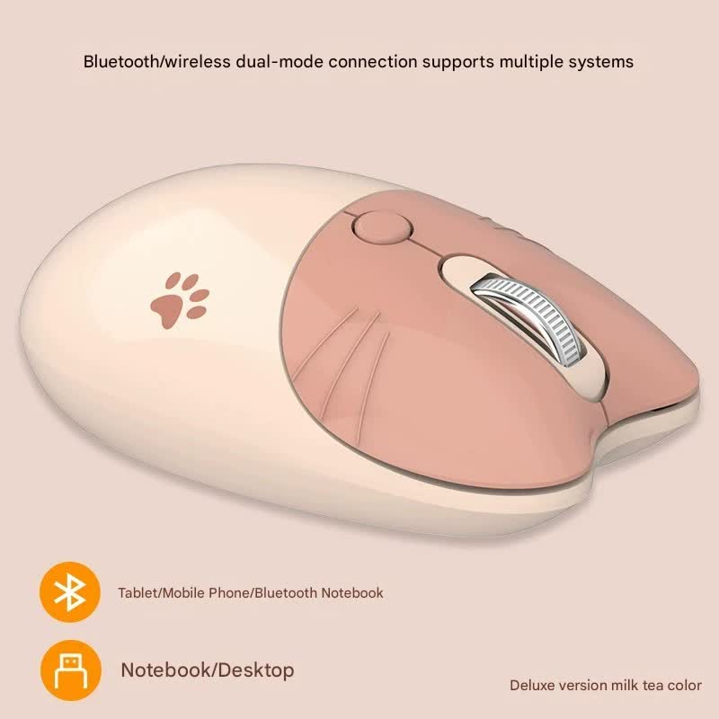 Cute Cat Shaped Wireless Office Mouse - Dual Mode 2.4G/Bluetooth, 3-Level DPI, Silent Click Milk tea color