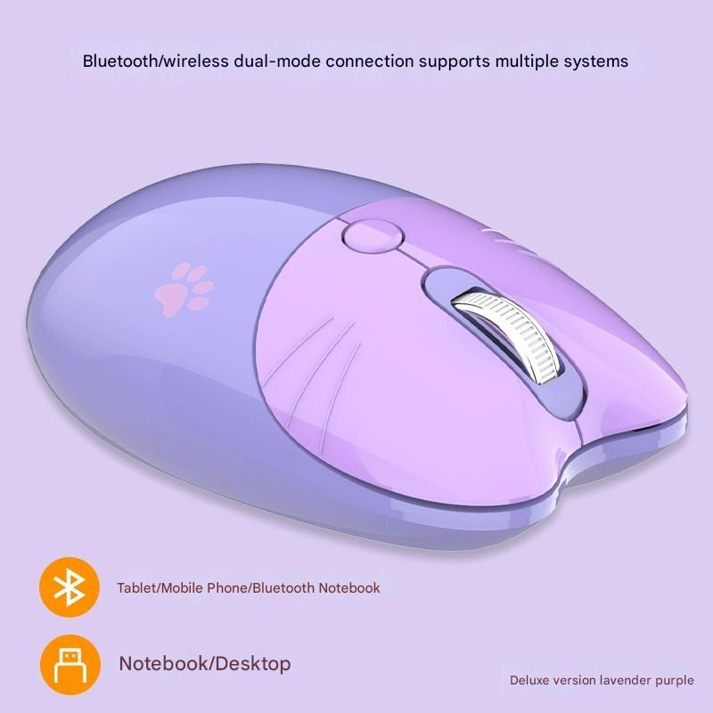Cute Cat Shaped Wireless Office Mouse - Dual Mode 2.4G/Bluetooth, 3-Level DPI, Silent Click purple