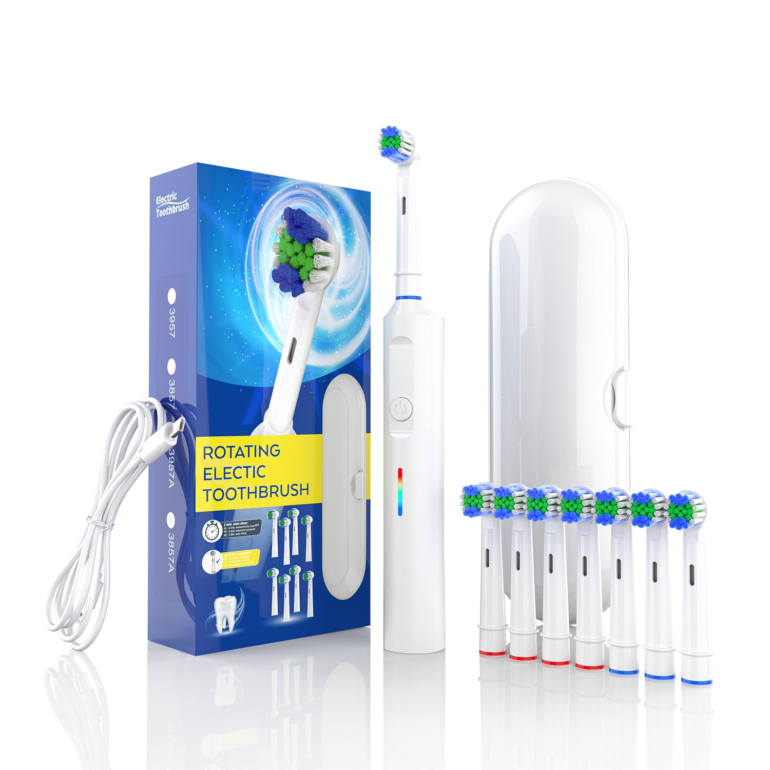Rotating Electric Toothbrush with 3D Cleaning Action - 3 Modes, IPX7 Waterproof, with Travel Case & 6 Brush Heads White