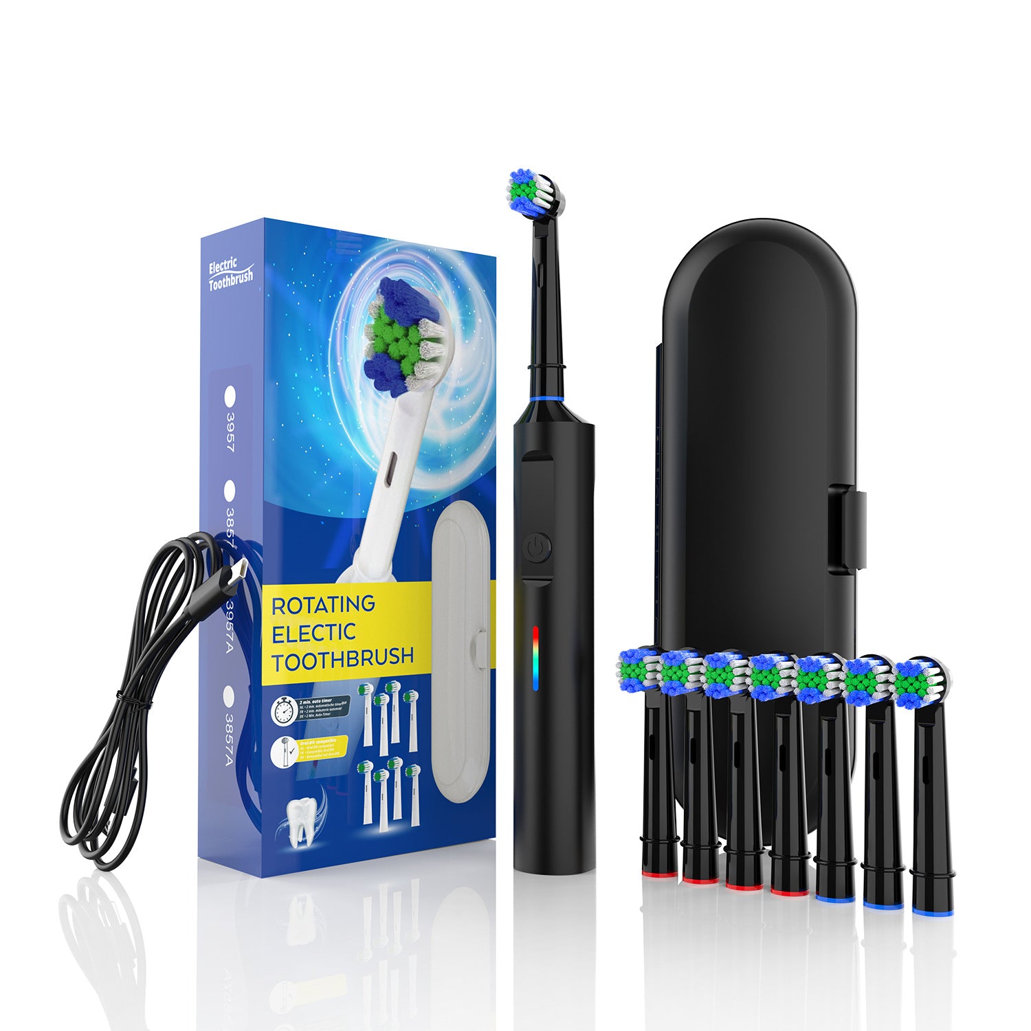Rotating Electric Toothbrush with 3D Cleaning Action - 3 Modes, IPX7 Waterproof, with Travel Case & 6 Brush Heads black