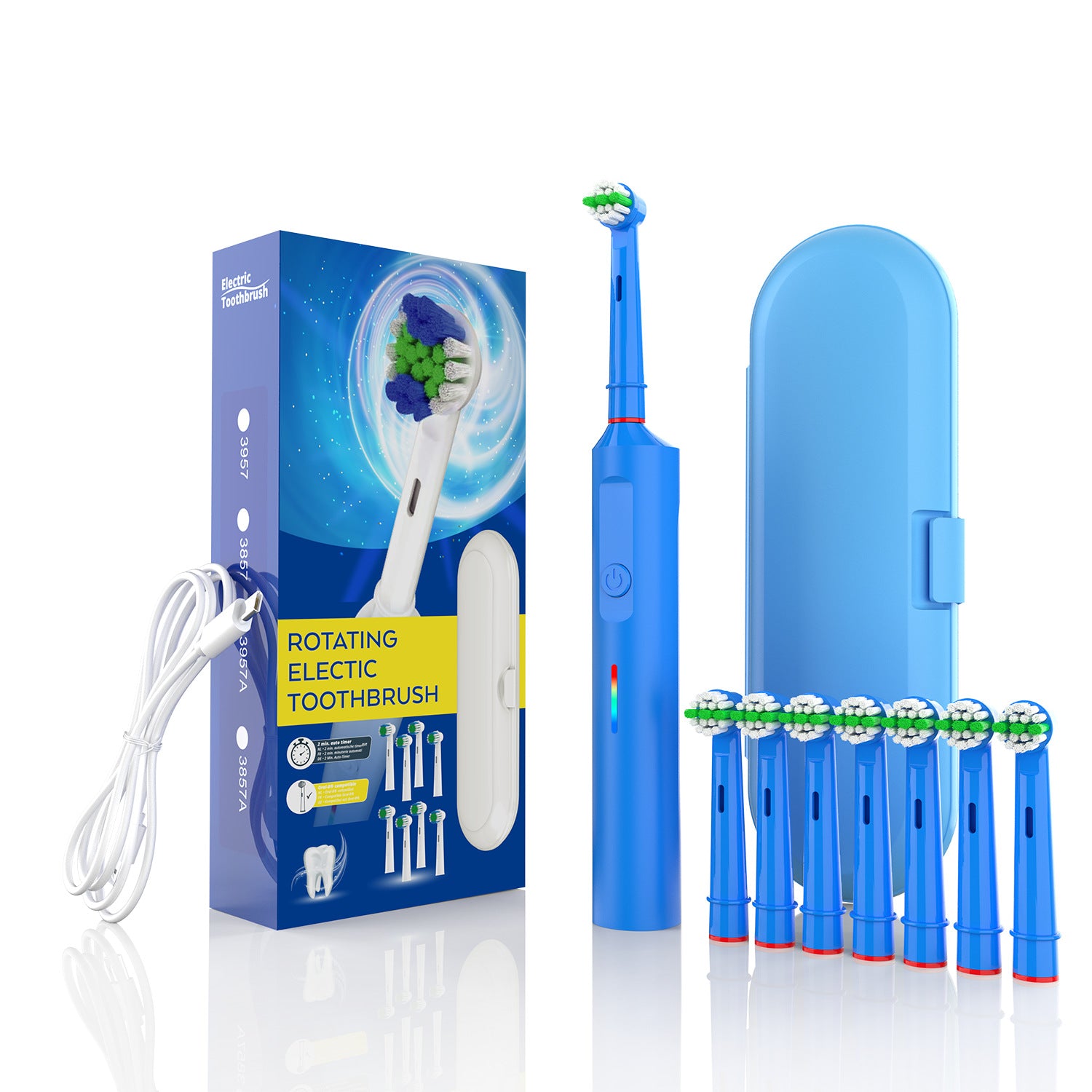 Rotating Electric Toothbrush with 3D Cleaning Action - 3 Modes, IPX7 Waterproof, with Travel Case & 6 Brush Heads blue