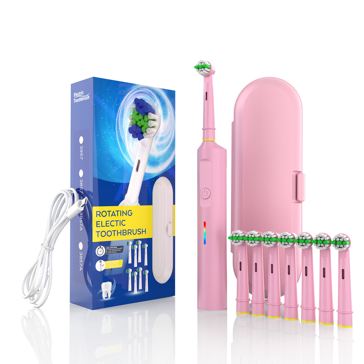Rotating Electric Toothbrush with 3D Cleaning Action - 3 Modes, IPX7 Waterproof, with Travel Case & 6 Brush Heads pink