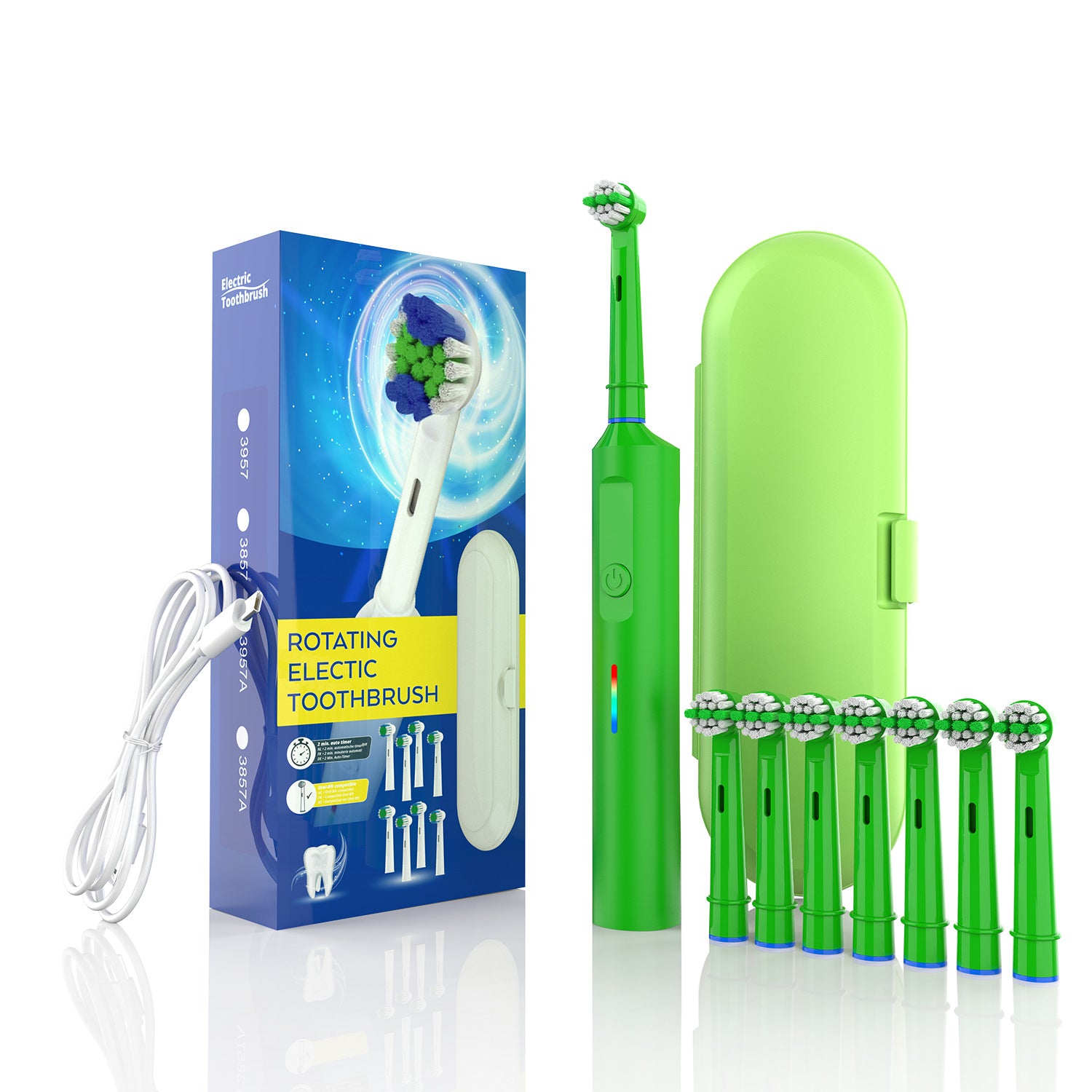Rotating Electric Toothbrush with 3D Cleaning Action - 3 Modes, IPX7 Waterproof, with Travel Case & 6 Brush Heads green