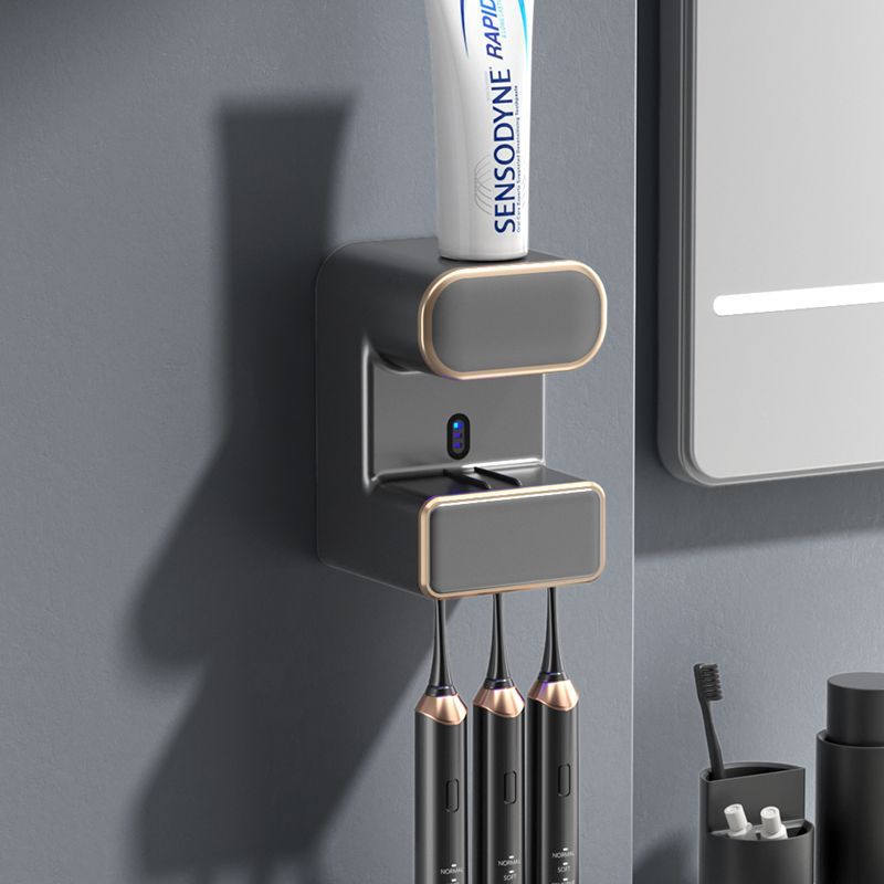 Automatic Toothpaste Dispenser with UVC Toothbrush Sterilizer & Holder - Wall Mounted, Rechargeable Grey