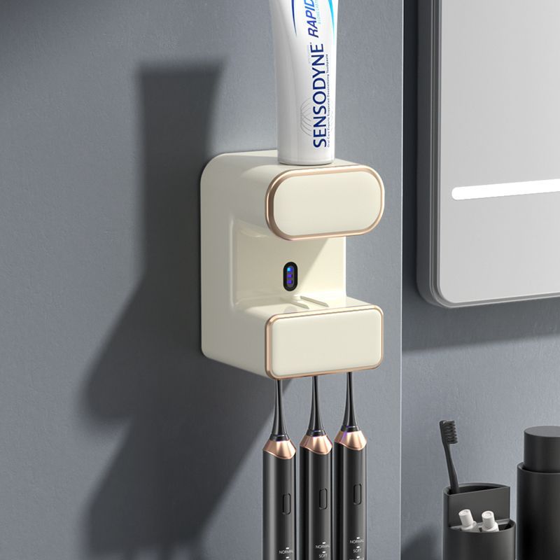 Automatic Toothpaste Dispenser with UVC Toothbrush Sterilizer & Holder - Wall Mounted, Rechargeable Beige