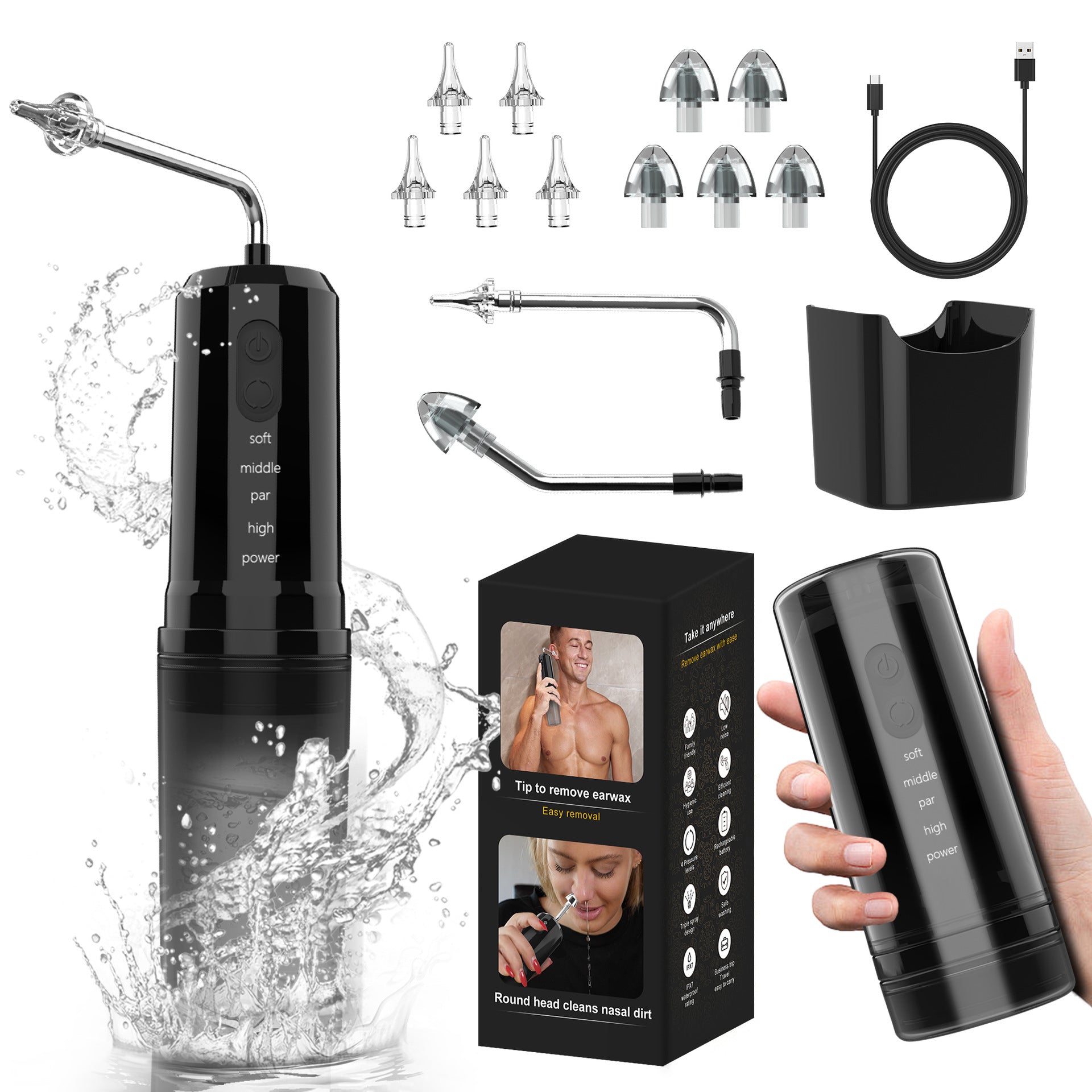 Rechargeable 2-in-1 Electric Ear & Nasal Cleaner Kit - IPX7 Waterproof, 4 Pressure Modes, Safe-Spray Nozzles black