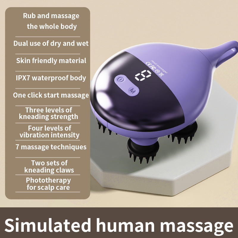 Intelligent 3D Electric Head & Scalp Massager - 7 Massage Techniques, IPX7 Waterproof, Rechargeable Purple