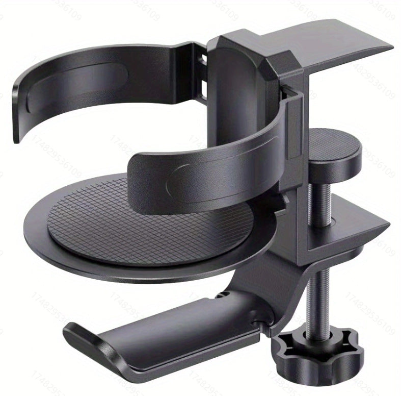 Two desktop clip-on cup holders and headphone hanger - adjustable, non-slip silicone, maximum load 15KG black