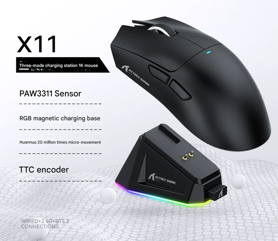 High-Performance Tri-Mode Wireless Gaming Mouse - 22000 DPI, Rechargeable, with RGB Charging Dock black