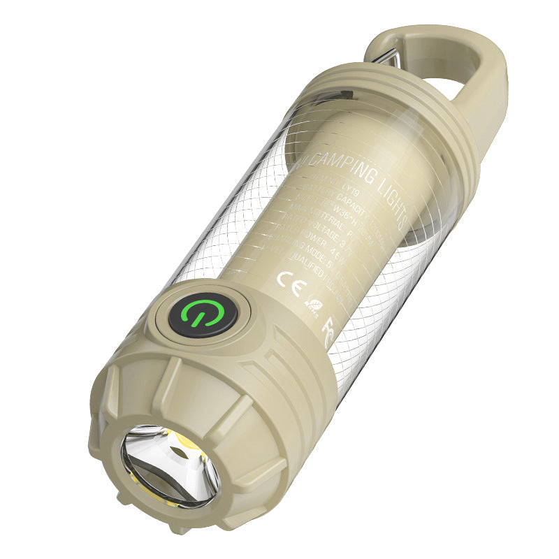 Tri-Color Portable Camping Lantern & Flashlight - Rechargeable, 360°Ambient Light & Hook Design Khaki