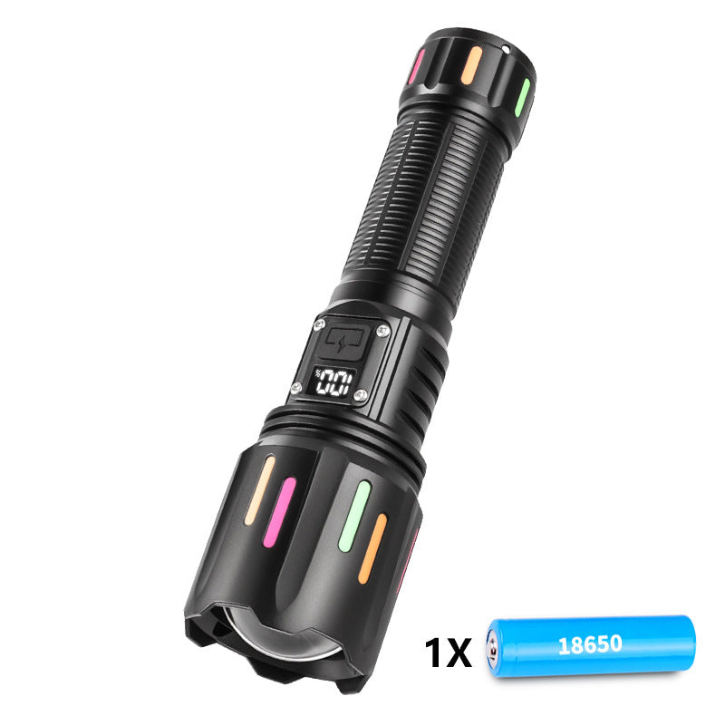30W High Brightness LED Flashlight with Digital Display & Fluorescent Design - USB Rechargeable, 800-1200M Range black+One 18650 battery