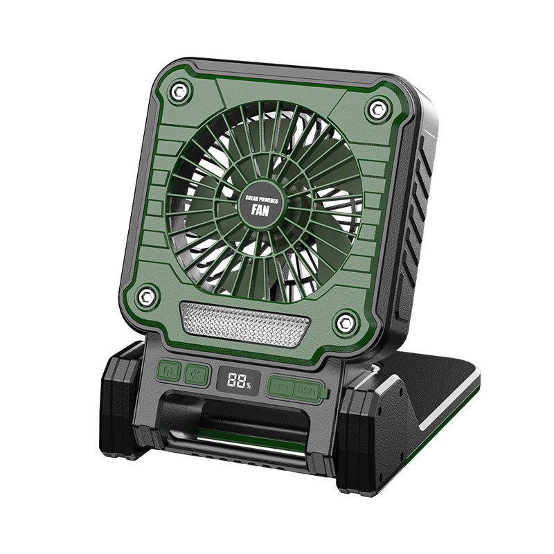 Solar & USB Rechargeable Camping Fan with LED Light - Portable Power Bank, 180° Collapsible green