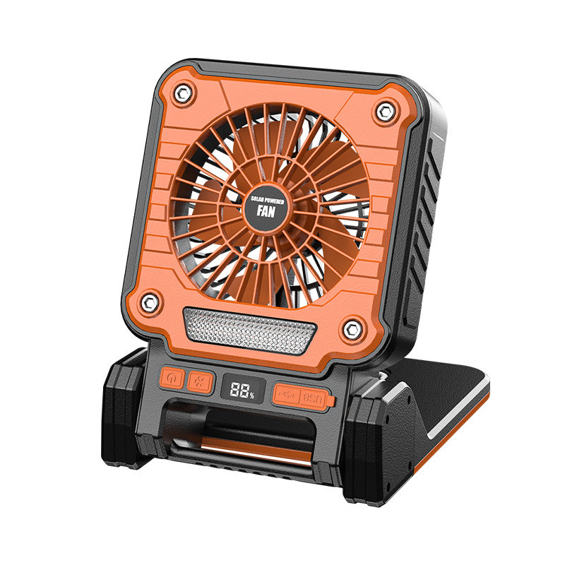 Solar & USB Rechargeable Camping Fan with LED Light - Portable Power Bank, 180° Collapsible Orange