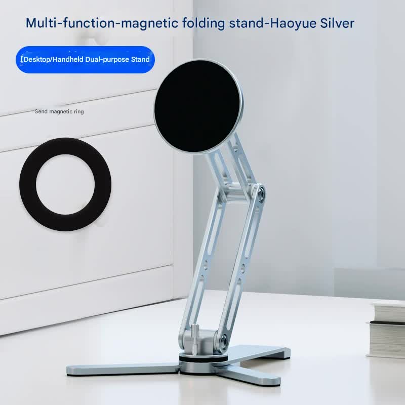 2-in-1 Magnetic Folding Stand for Phones & Tablets - Adjustable Aluminum Desktop & Handheld Holder silver