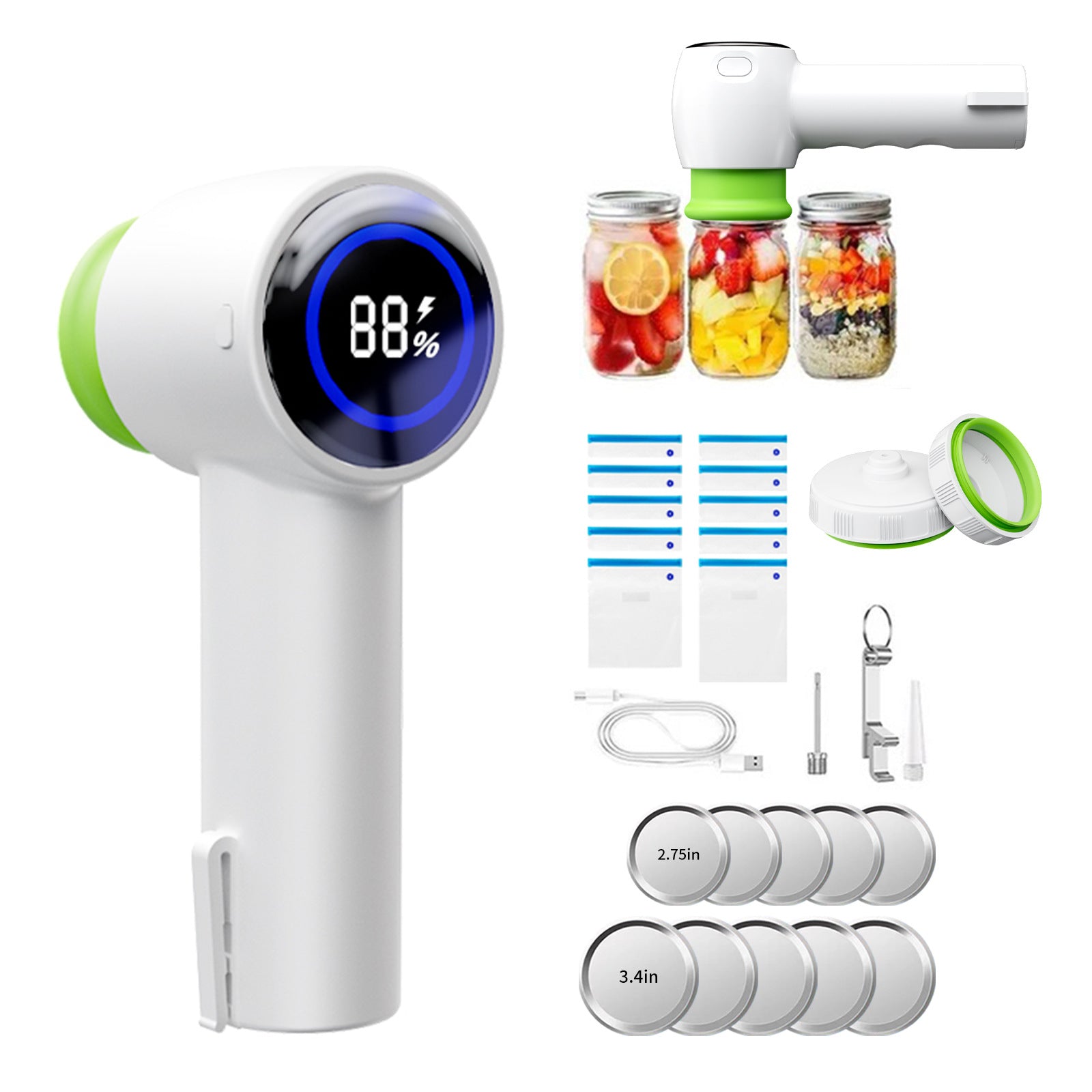 Multi-Function Handheld Vacuum Sealer & Inflator with LED Display - For Food Storage, Jars, Bags & Balls white
