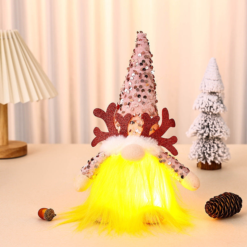 Light-Up Christmas Gnome Plush Doll with Sequin Hat & Antlers - Festive LED Tabletop Decoration pink