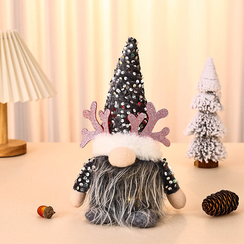 Light-Up Christmas Gnome Plush Doll with Sequin Hat & Antlers - Festive LED Tabletop Decoration silver