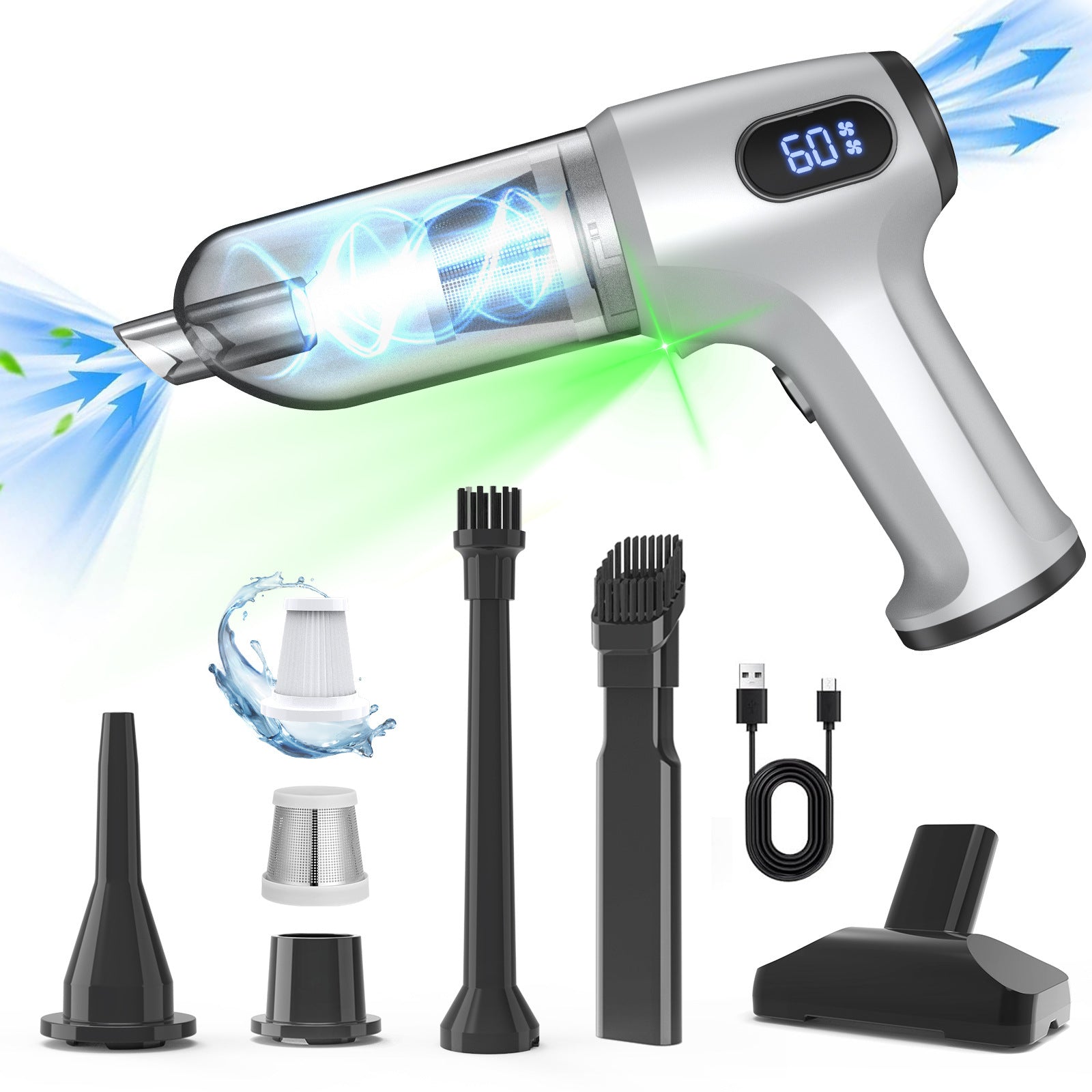 2-in-1 Cordless Handheld Vacuum & Air Duster - 12000Pa Suction, 70000 RPM, LED Light, USB-C Rechargeable Silver