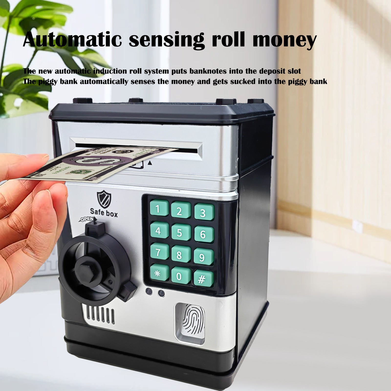 Electronic Piggy Bank Safe Box for Kids - Automatic Bill & Coin Bank with Password Protection, Music & Lights black