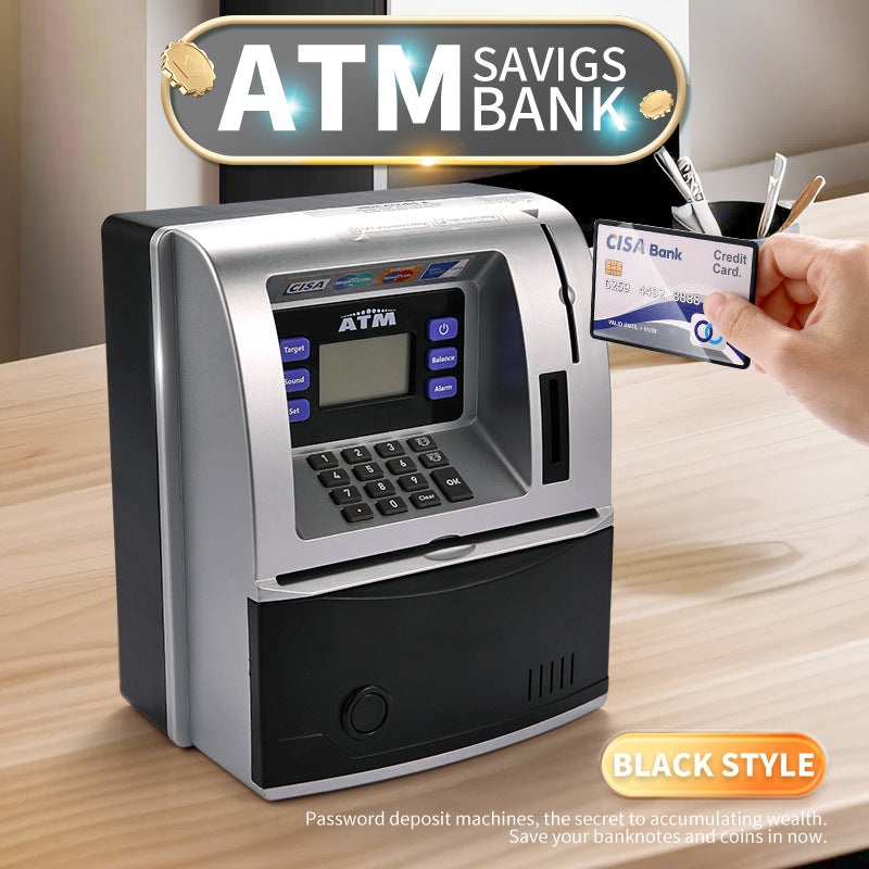 Kids Electronic ATM Savings Bank - Digital Piggy Bank with Password, Auto Roll-in Banknotes & Coin Slot for Financial Learning Fun black