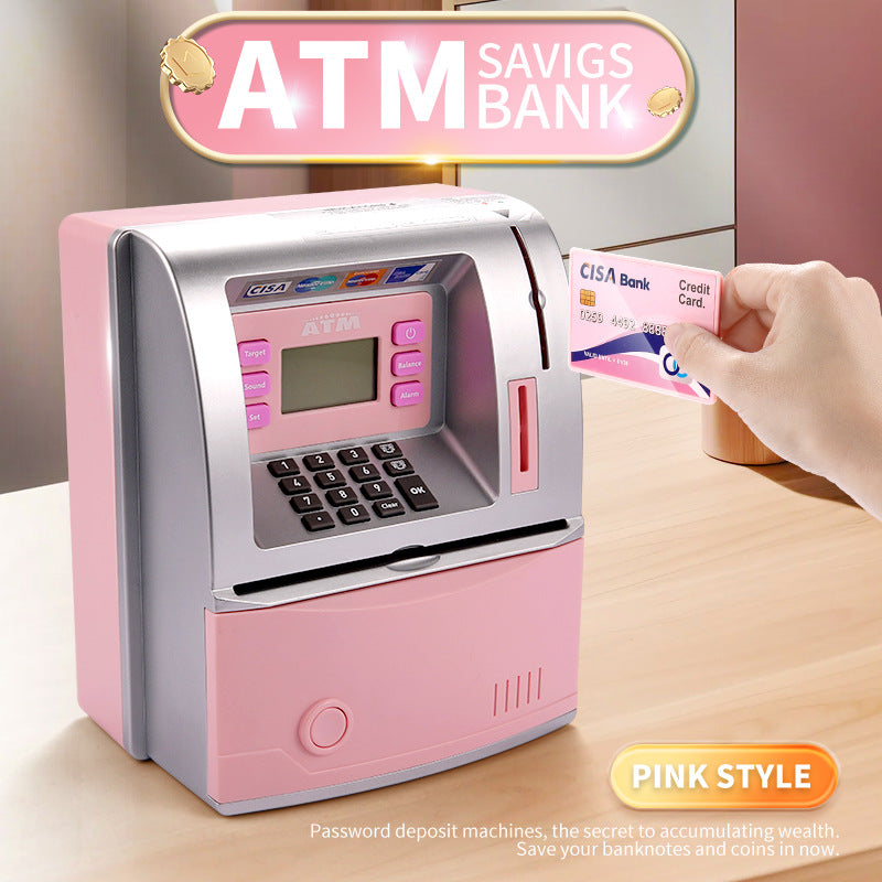 Kids Electronic ATM Savings Bank - Digital Piggy Bank with Password, Auto Roll-in Banknotes & Coin Slot for Financial Learning Fun pink