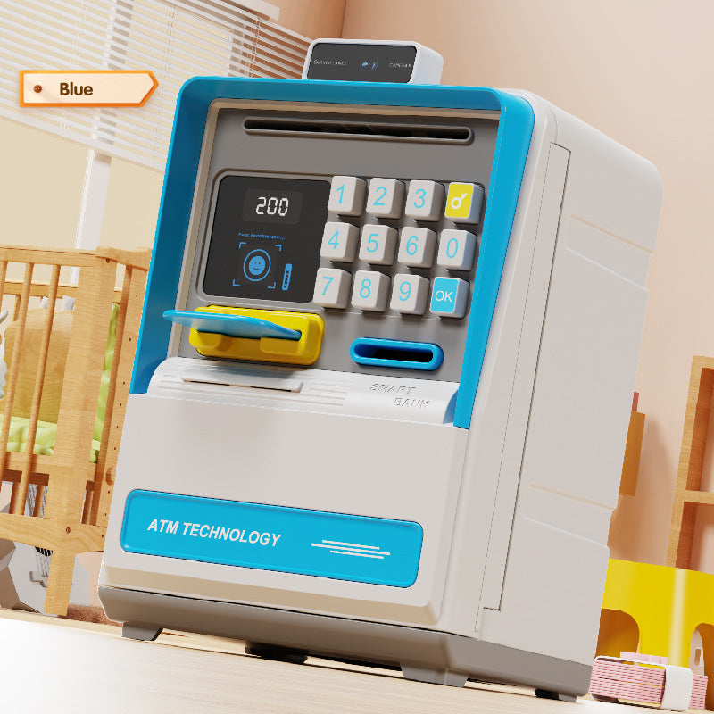 Kids Electronic ATM Piggy Bank with Simulated Facial Recognition & Password - Auto Roll-in Banknote & Coin Money Box for Financial Learning blue