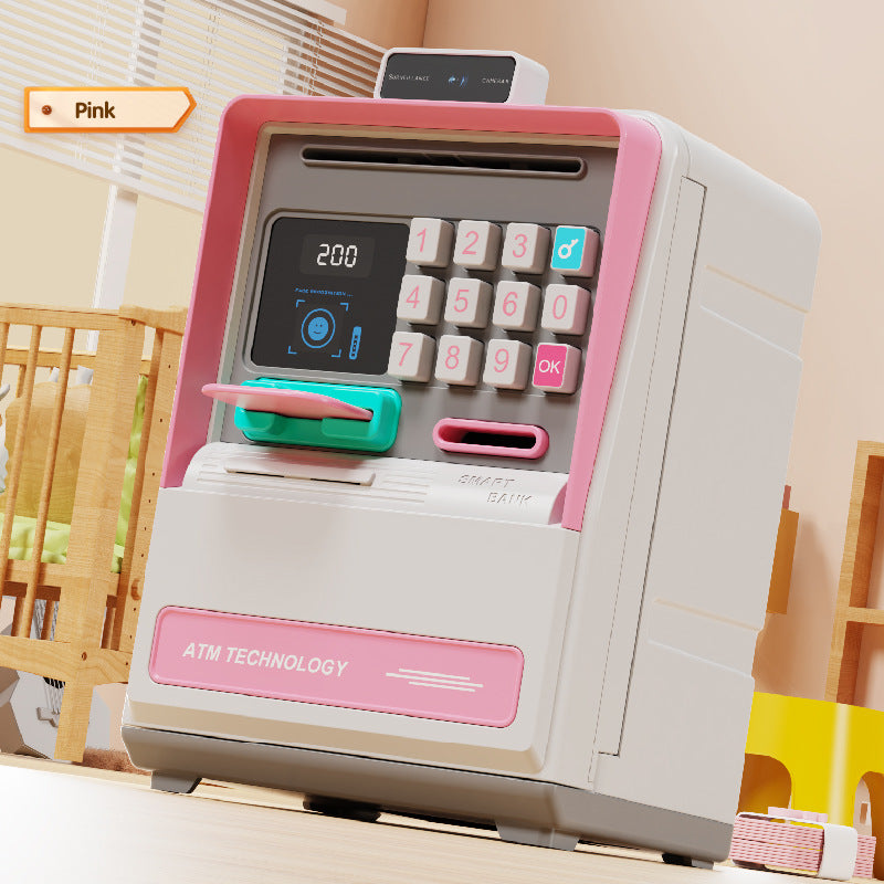 Kids Electronic ATM Piggy Bank with Simulated Facial Recognition & Password - Auto Roll-in Banknote & Coin Money Box for Financial Learning pink