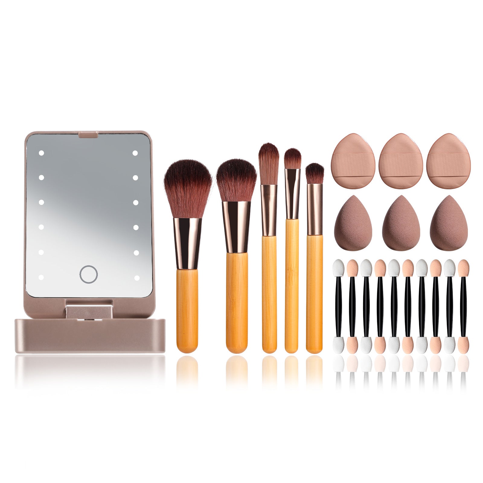 All-in-One Portable Makeup Brush Kit with LED Mirror Travel Case, Sponges & Applicators pink