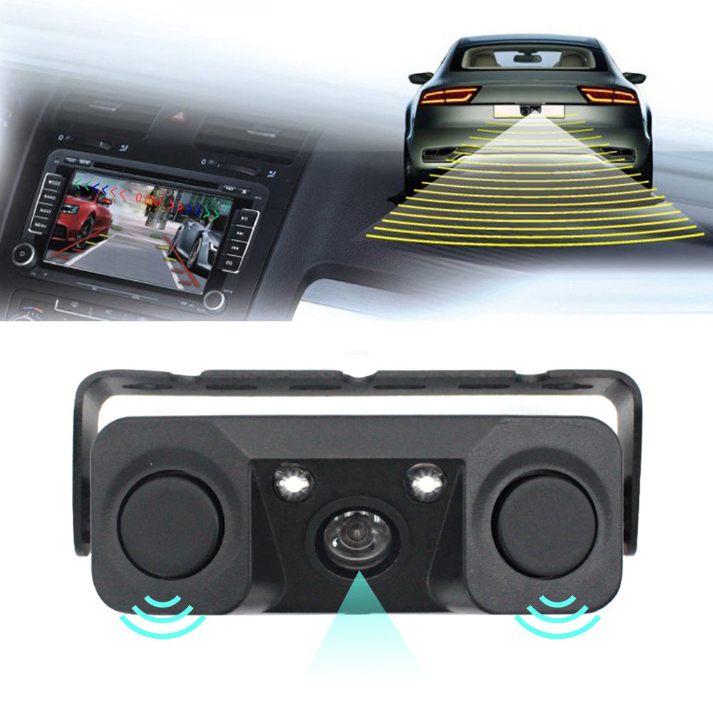 3-in-1 Car Reversing Camera & Parking Sensor System with Monitor - License Plate Frame Mount, Waterproof & Night Vision black