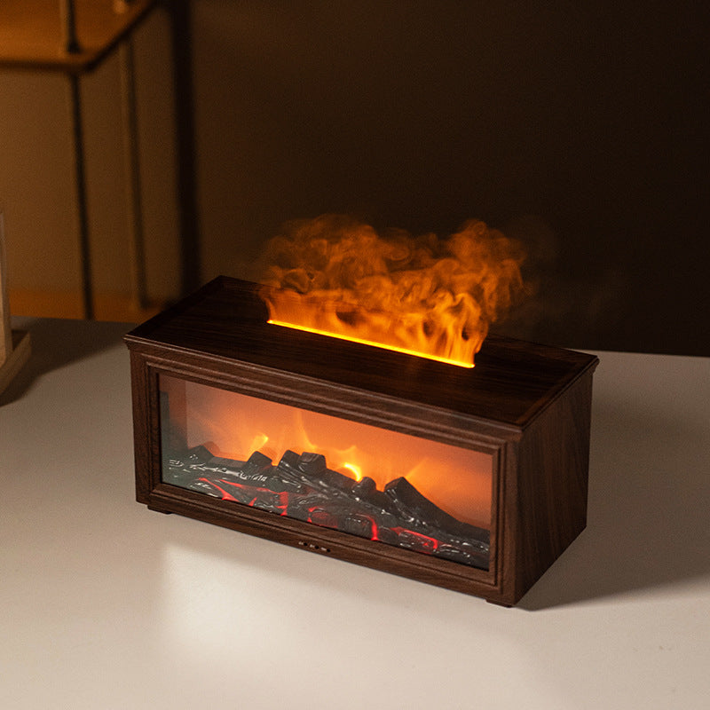 Fireplace Flame Effect Aroma Diffuser & Humidifier with 7-Colour Light, Timer & Remote Control Dark Wood Grain