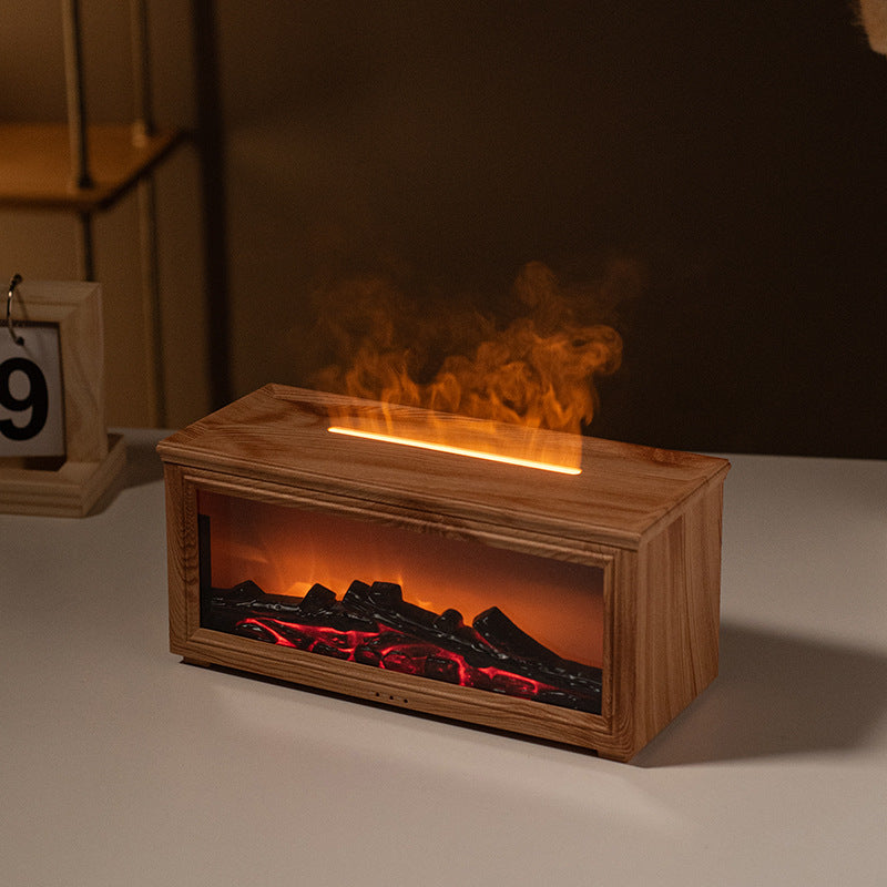 Fireplace Flame Effect Aroma Diffuser & Humidifier with 7-Colour Light, Timer & Remote Control Light Wood Grain