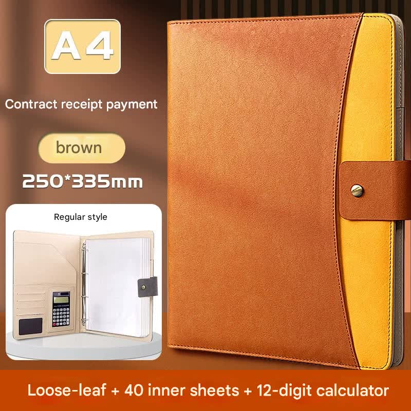 A4 PU Leather Business Portfolio with Ring Binder, Calculator & 40 Sleeves brown