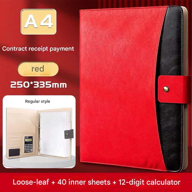 A4 PU Leather Business Portfolio with Ring Binder, Calculator & 40 Sleeves red