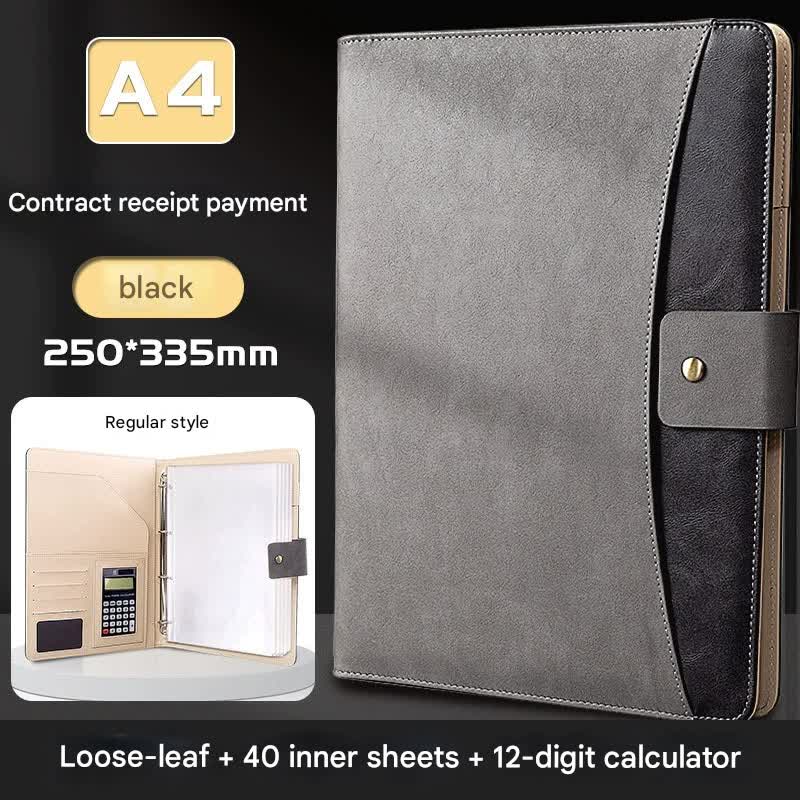 A4 PU Leather Business Portfolio with Ring Binder, Calculator & 40 Sleeves grey and black