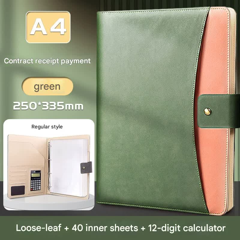 A4 PU Leather Business Portfolio with Ring Binder, Calculator & 40 Sleeves green