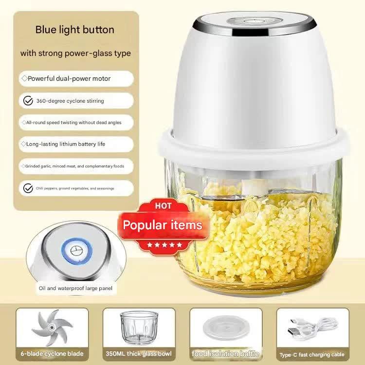 Electric Mini Garlic Chopper with Glass Bowl - USB Rechargeable, 6 Blades, Large Capacity white