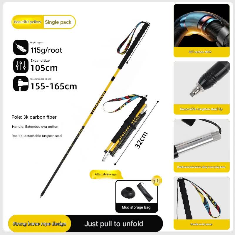Ultralight Carbon Fiber Foldable Trail Running & Hiking Pole yellow Recommended height range 155-165cm