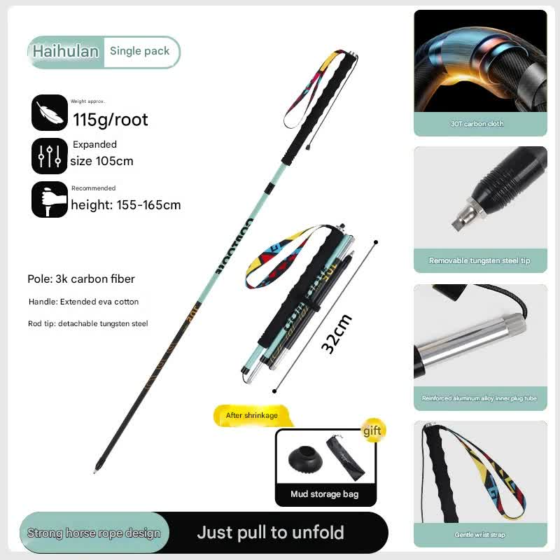 Ultralight Carbon Fiber Foldable Trail Running & Hiking Pole blue Recommended height range 155-165cm