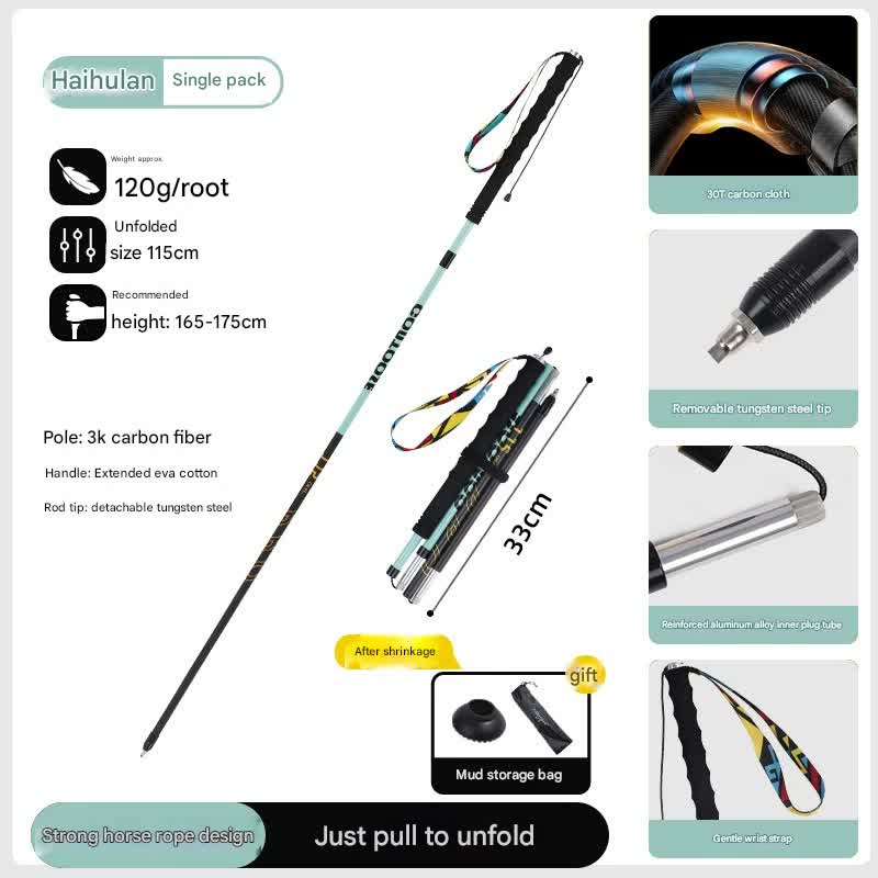 Ultralight Carbon Fiber Foldable Trail Running & Hiking Pole blue Recommended height range 165-175cm