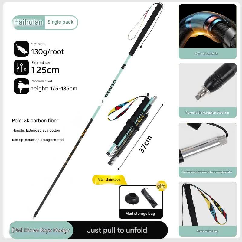 Ultralight Carbon Fiber Foldable Trail Running & Hiking Pole blue Recommended height range 175-185cm