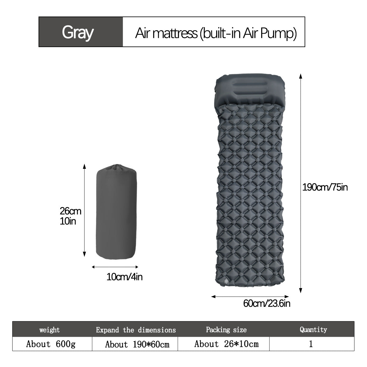 2pc Ultralight Inflatable Camping Sleeping Mat with Integrated Pillow - Waterproof 40D Nylon TPU Grey