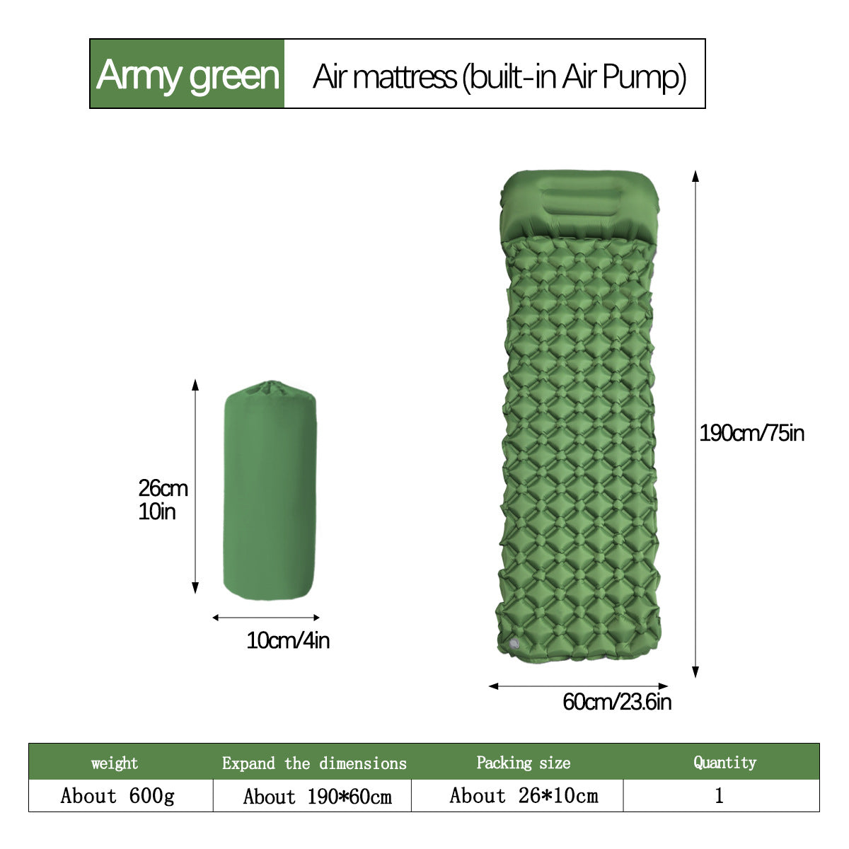 2pc Ultralight Inflatable Camping Sleeping Mat with Integrated Pillow - Waterproof 40D Nylon TPU Army Green