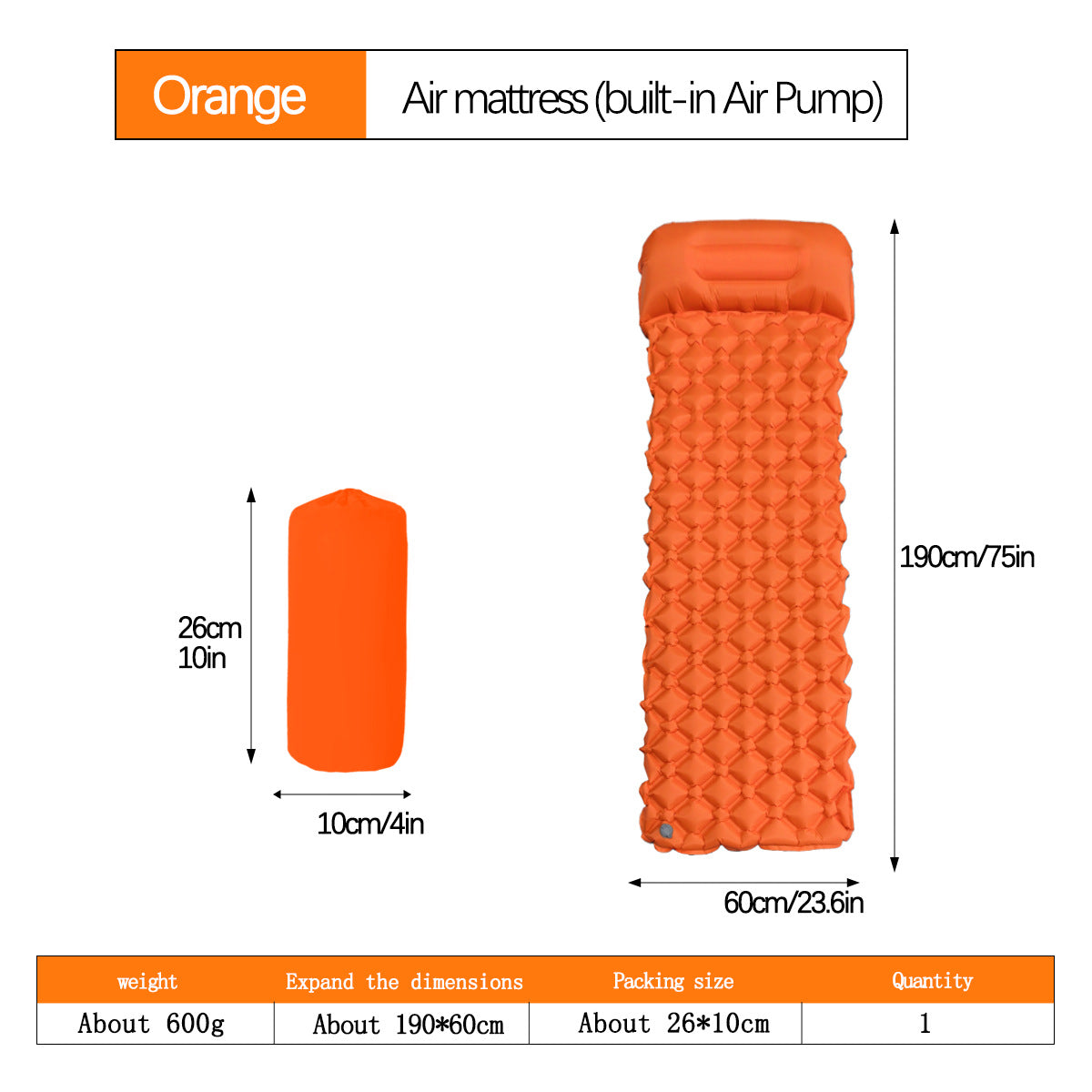 2pc Ultralight Inflatable Camping Sleeping Mat with Integrated Pillow - Waterproof 40D Nylon TPU Orange