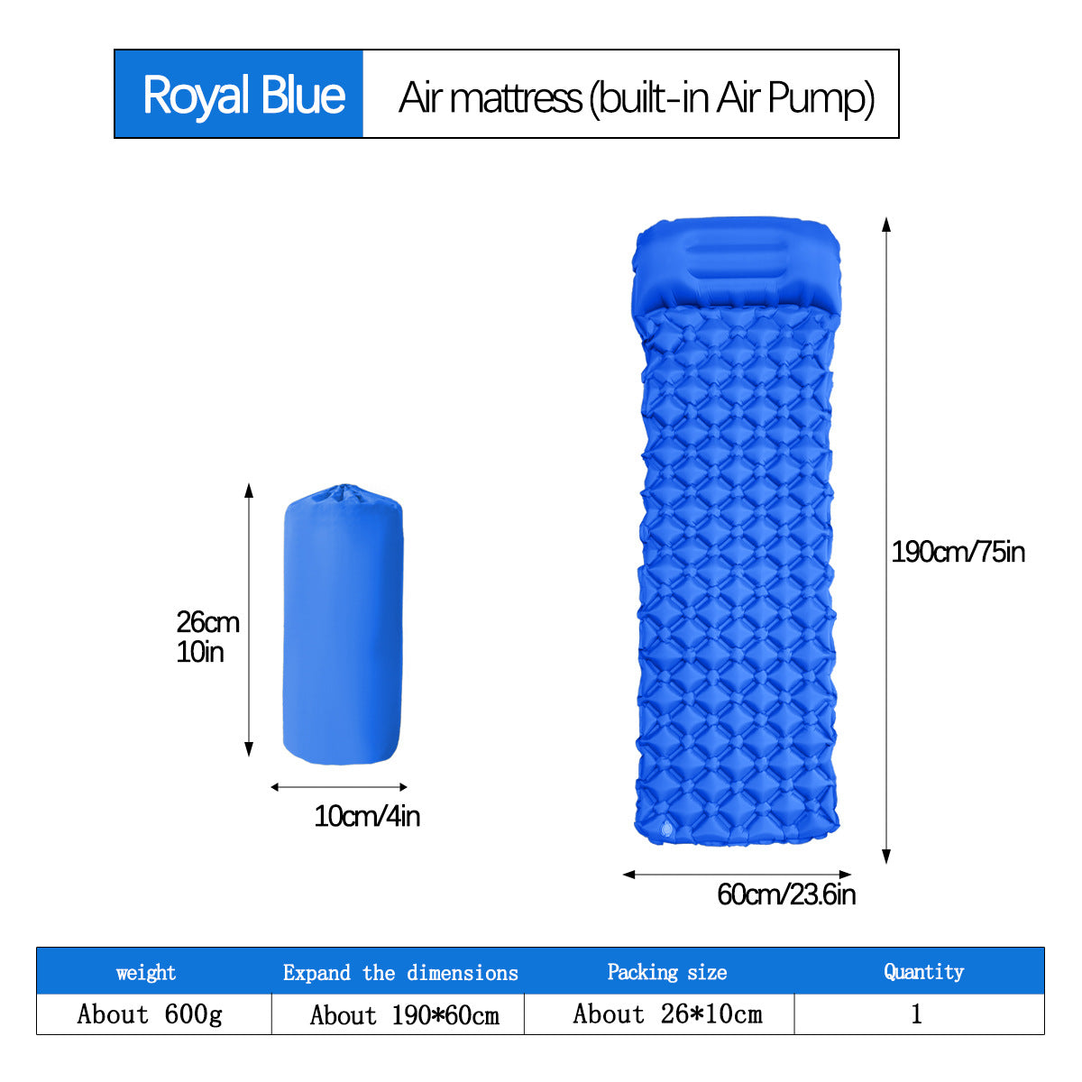 2pc Ultralight Inflatable Camping Sleeping Mat with Integrated Pillow - Waterproof 40D Nylon TPU Royal Blue